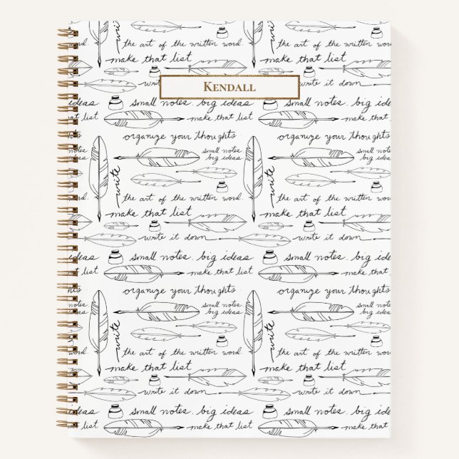 Personalized Name Quills & Ink Gold white Writing  Notebook (Front)