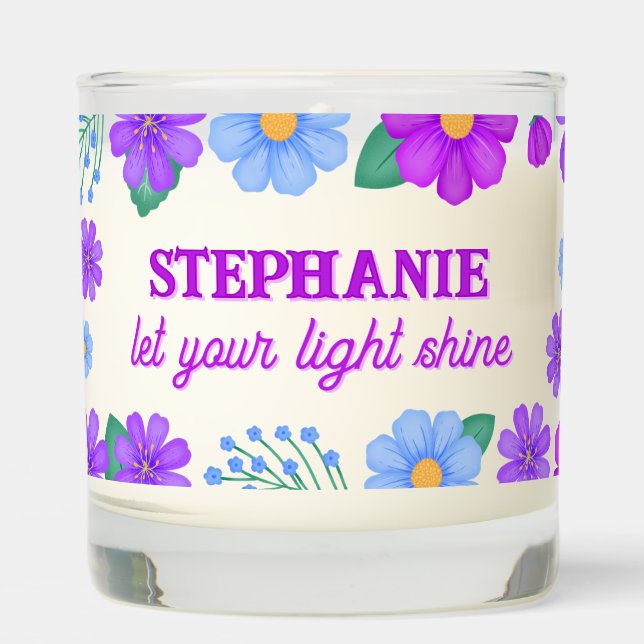Personalized Name Quote Blue Purple Violet Floral Scented Candle (Front)