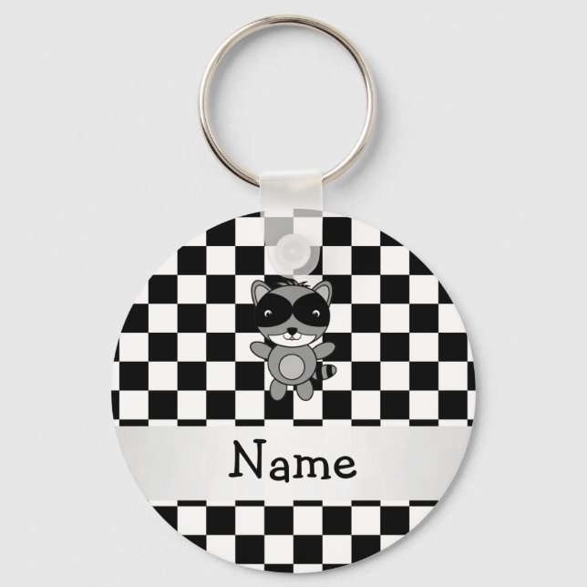 Personalized name raccoon black white checkers keychain (Front)