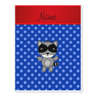 Personalized name raccoon blue polka dots temporary tattoos