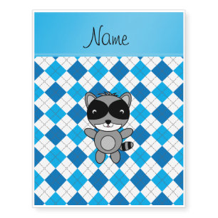 Personalized name raccoon blue white argyle temporary tattoos