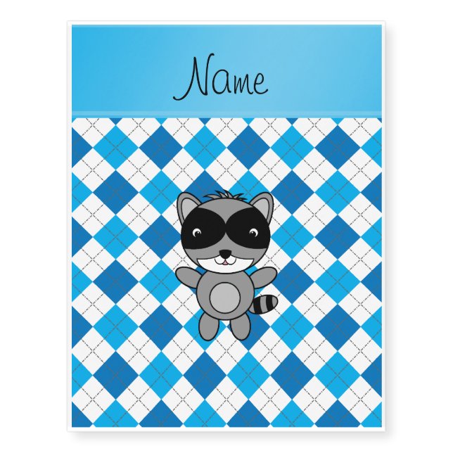 Personalized name raccoon blue white argyle temporary tattoos (Front)