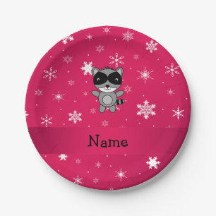 Personalized name raccoon pink snowflakes paper plates