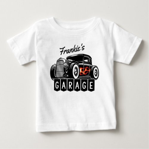 Personalized NAME Racing Flames Hot Rod Garage Baby T_Shirt