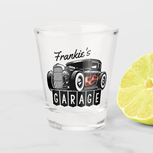 Personalized NAME Racing Flames Hot Rod Garage Shot Glass