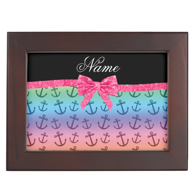 Personalized name rainbow anchors glitter bow keepsake box (Front)