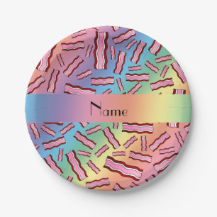 Personalized name rainbow bacon pattern paper plates