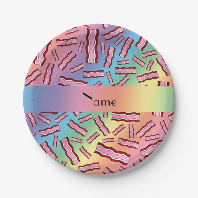 Personalized name rainbow bacon pattern paper plates (Front)