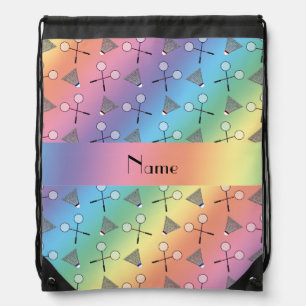 Personalized name rainbow badminton pattern drawstring bag
