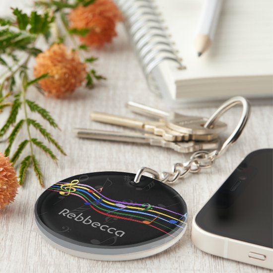 Personalized Name Rainbow Colored Music Notes Keychain