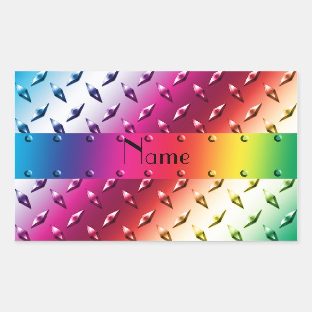 Personalized name rainbow diamond plate steel rectangular sticker (Front)