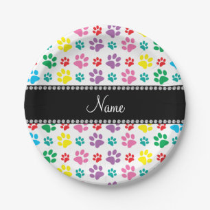 Personalized name rainbow dog paws paper plates