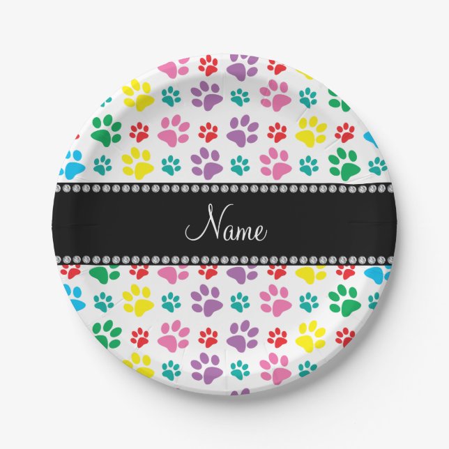 Personalized name rainbow dog paws paper plates (Front)