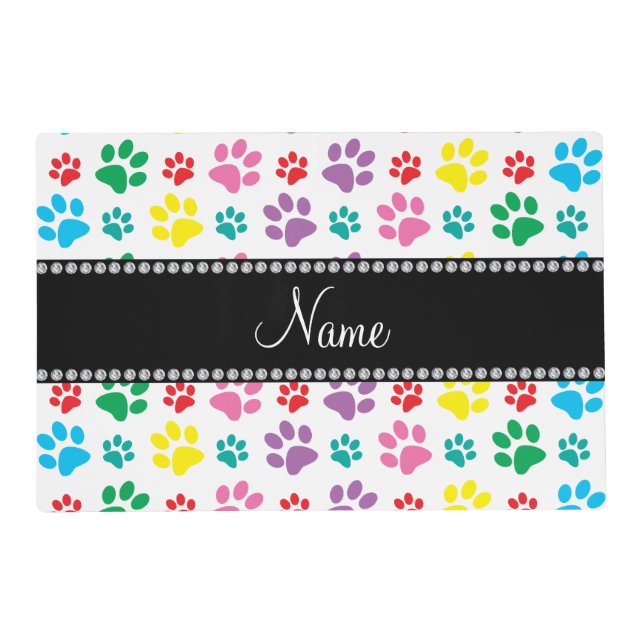 Personalized name rainbow dog paws placemat (Front)