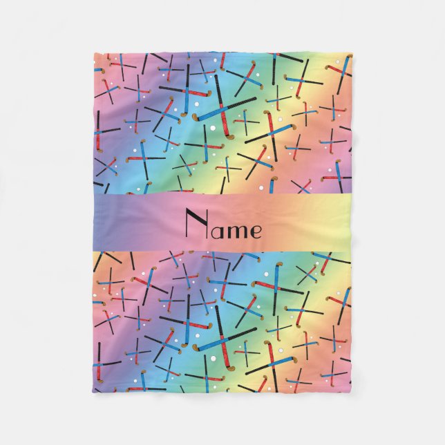 Personalized name rainbow field hockey fleece blanket (Front)