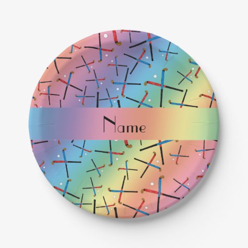 Personalized name rainbow field hockey paper plates