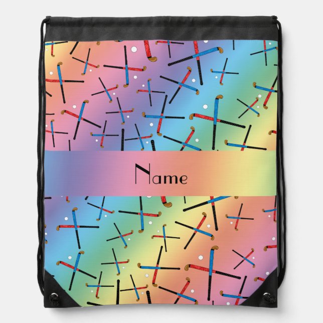 Personalized name rainbow field hockey pattern drawstring bag (Front)