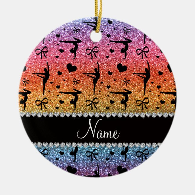 Personalized name rainbow glitter gymnastics ceramic ornament (Front)