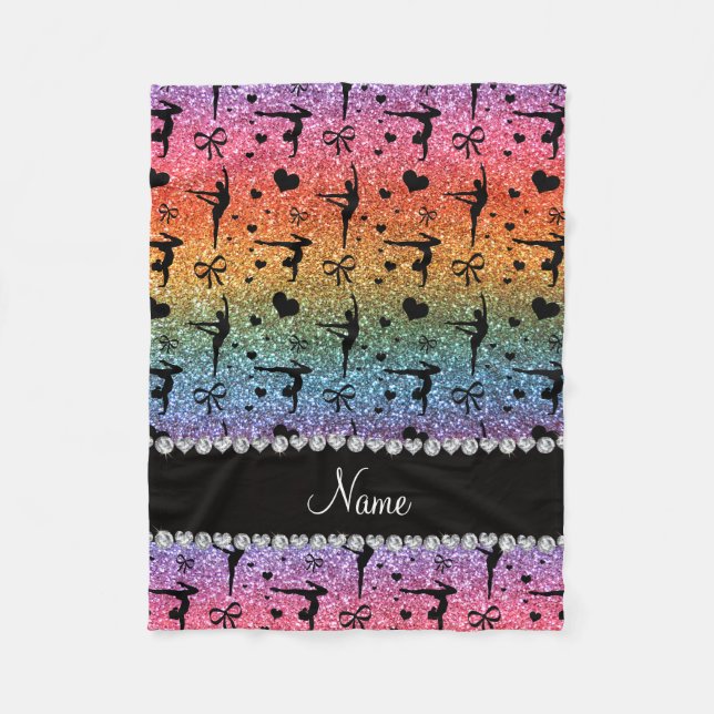 Personalized name rainbow glitter gymnastics fleece blanket (Front)