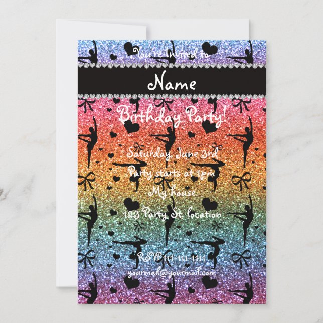 Personalized name rainbow glitter gymnastics invitation (Front)