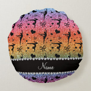 Personalized name rainbow glitter gymnastics round pillow
