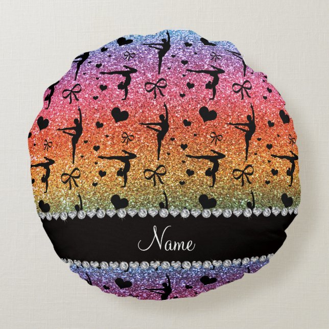 Personalized name rainbow glitter gymnastics round pillow (Back)