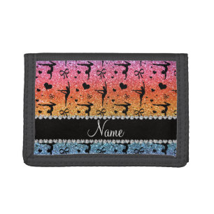 Personalized name rainbow glitter gymnastics tri-fold wallet