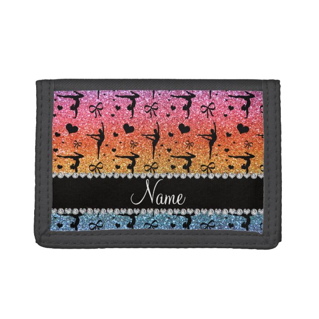 Personalized name rainbow glitter gymnastics tri-fold wallet (Front)