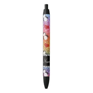Personalized name rainbow glitter penguins hearts pen