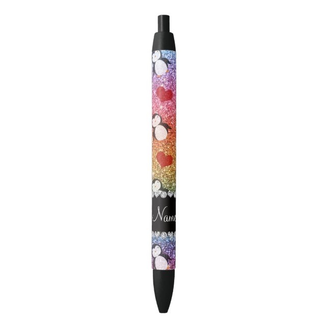 Personalized name rainbow glitter penguins hearts pen (Front Vertical)