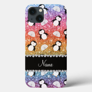 Personalized name rainbow glitter penguins igloos iPhone 13 case