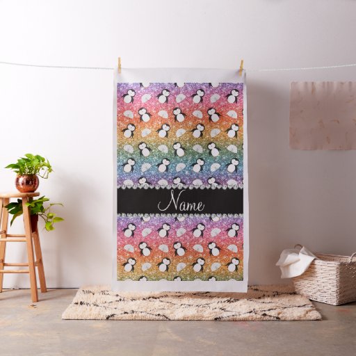 Personalized name rainbow glitter penguins igloos fabric