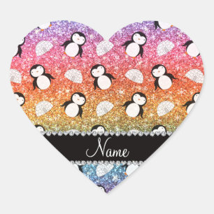 Personalized name rainbow glitter penguins igloos heart sticker
