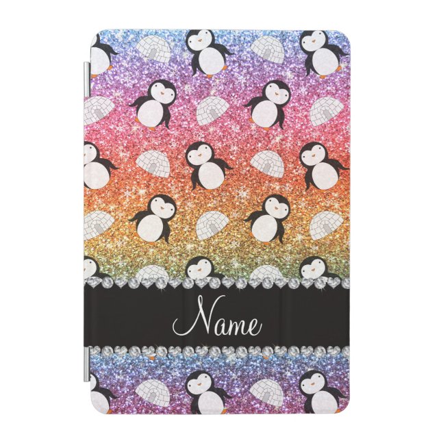 Personalized name rainbow glitter penguins igloos iPad mini cover (Front)