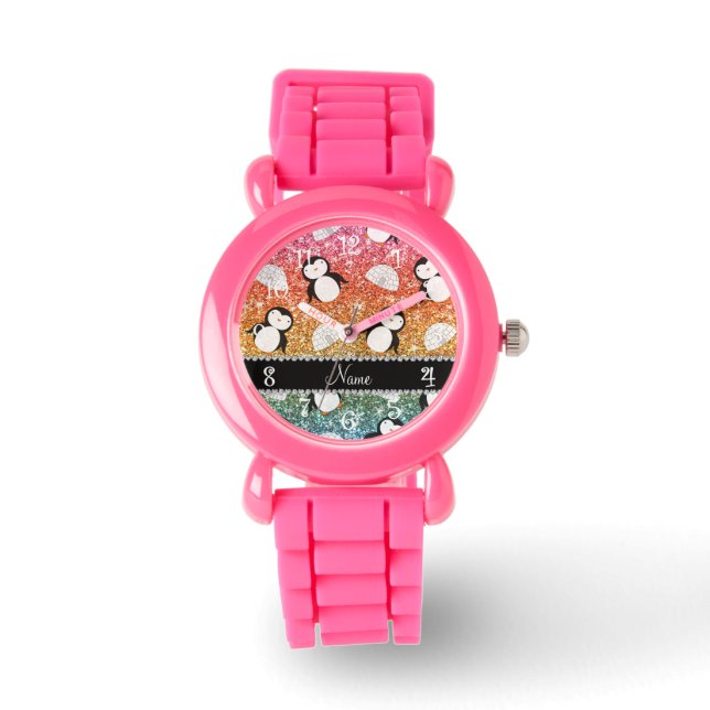 Personalized name rainbow glitter penguins igloos watch (Front)