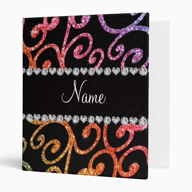 Personalized name rainbow glitter swirls 3 ring binder (Front/Inside)