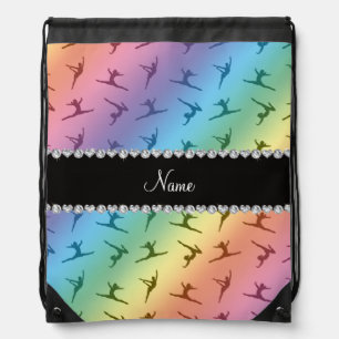 Personalized name rainbow gymnastics pattern drawstring bag