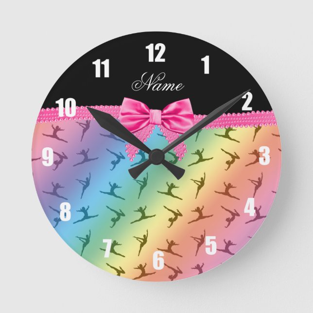 Personalized name rainbow gymnastics pink bow round clock (Front)