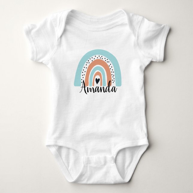 Personalized Name Rainbow Heart Blue Peach Baby Bodysuit (Front)