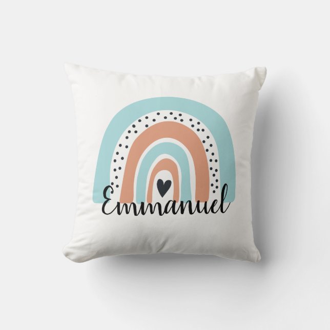 Personalized Name Rainbow Heart Blue Peach Throw Pillow (Front)
