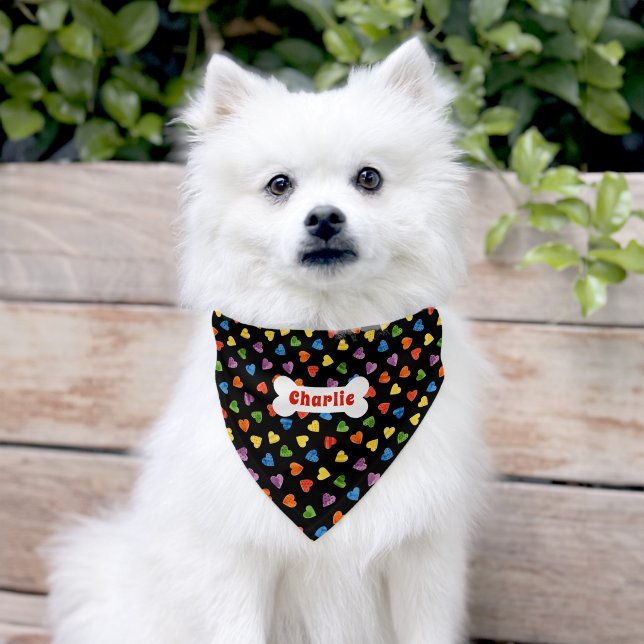 Personalized Name Rainbow Heart Pattern With Bone Pet Bandana Collar (Dog)