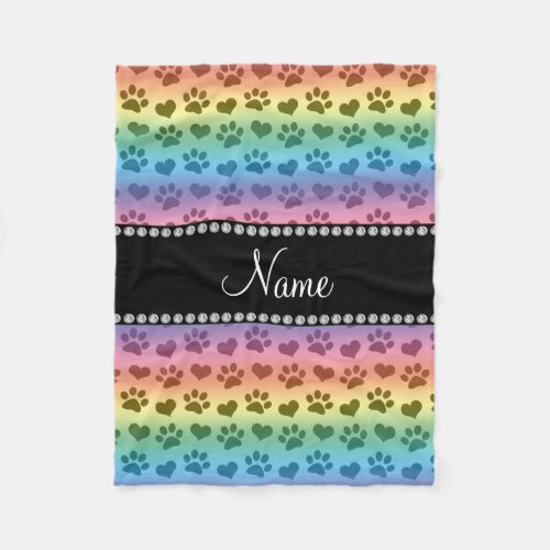 Personalized name rainbow hearts and paw prints fleece blanket