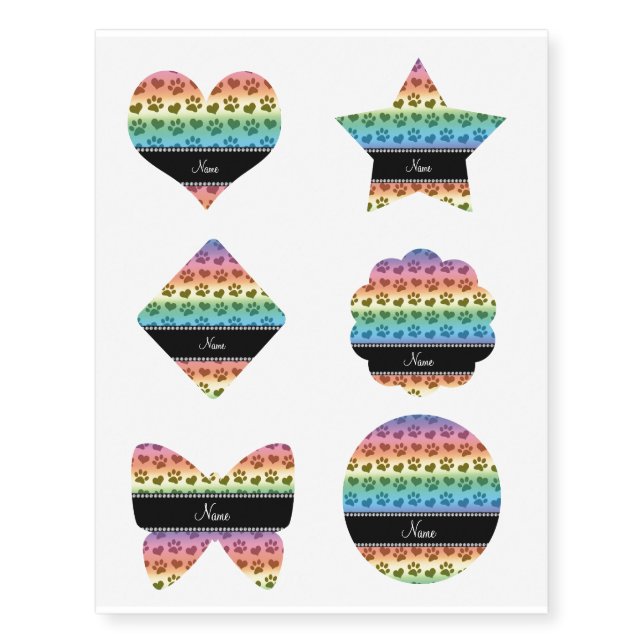 Personalized name rainbow hearts and paw prints temporary tattoos (Front)