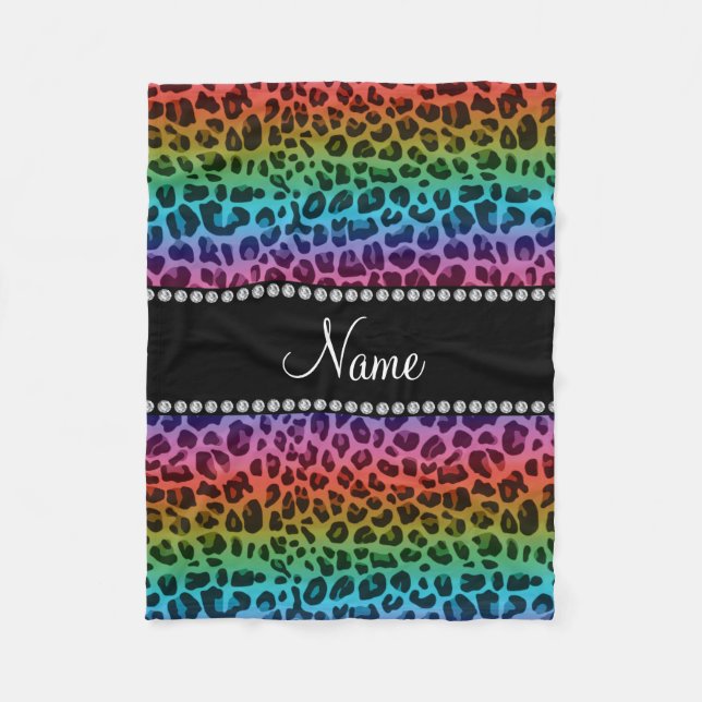 Personalized name rainbow leopard pattern fleece blanket (Front)