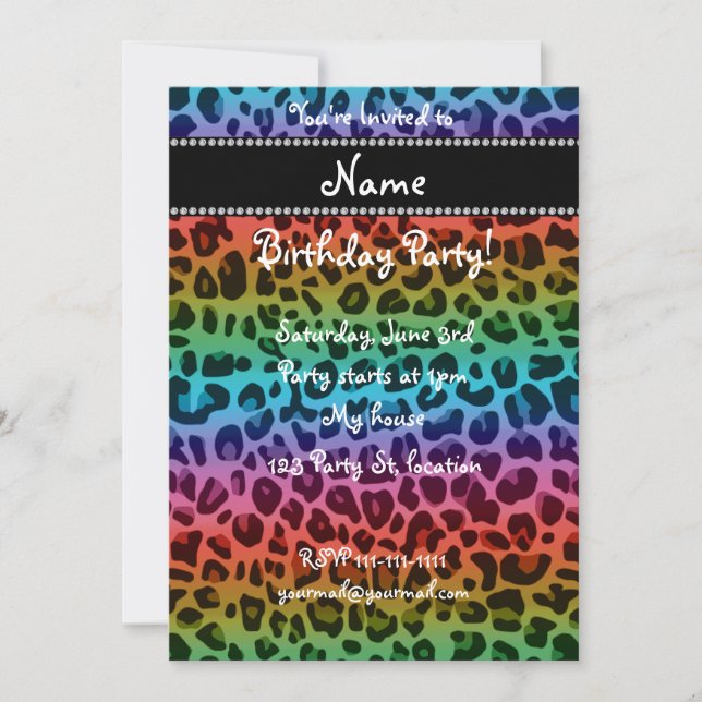Personalized name rainbow leopard pattern invitation (Front)