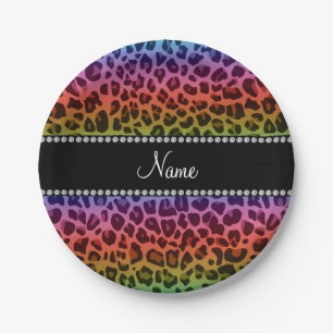 Personalized name rainbow leopard pattern paper plates