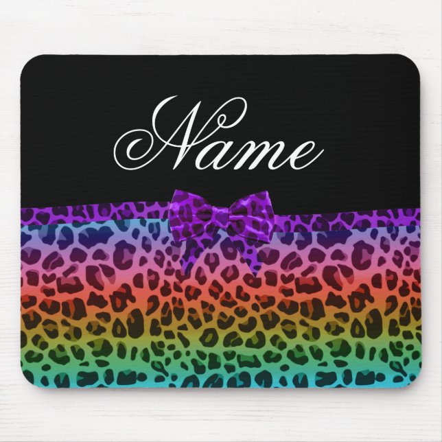 Personalized name rainbow leopard print purple bow mouse pad (Front)