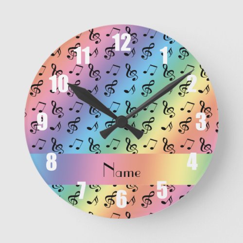 Personalized name rainbow music notes round clock