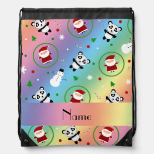 Personalized name rainbow panda santas christmas drawstring bag