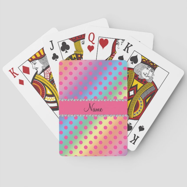 Personalized name rainbow pink polka dots poker cards (Back)